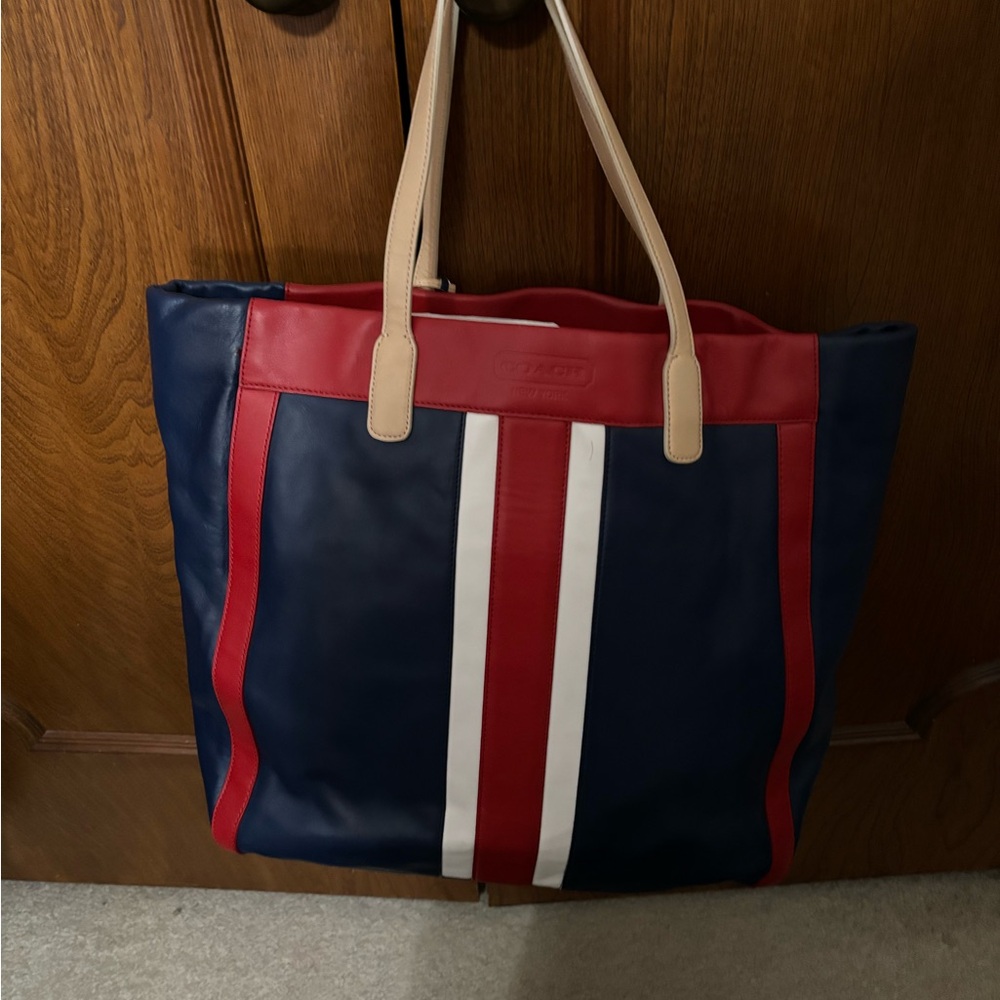 Red White Blue Leather Coach large Tote - Picture 2 of 4